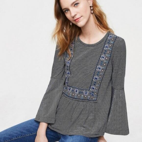 LOFT Striped Embroidered Long Bell Sleeve Top - Picture 2 of 8